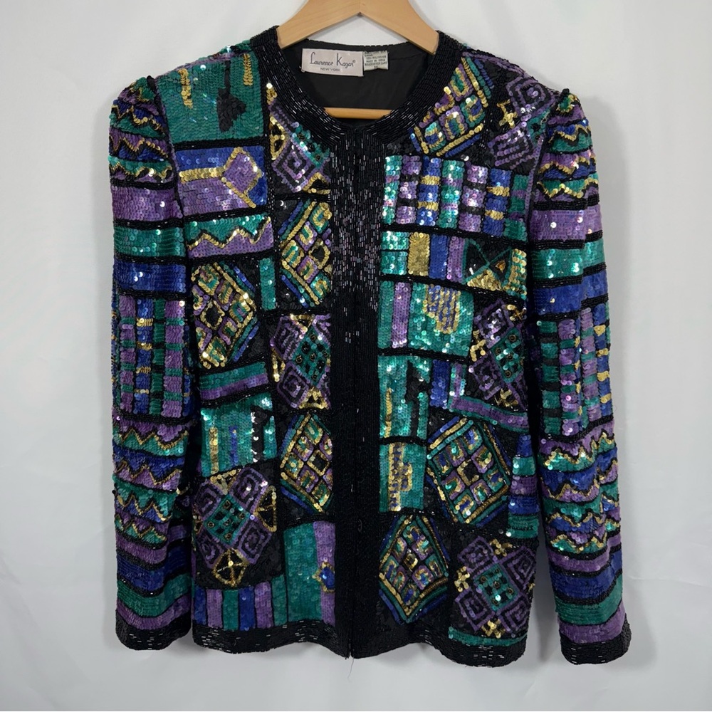 Vintage SILK Laurence Kazar Jacket Beaded‎ Sequin Purple Green Black 80's